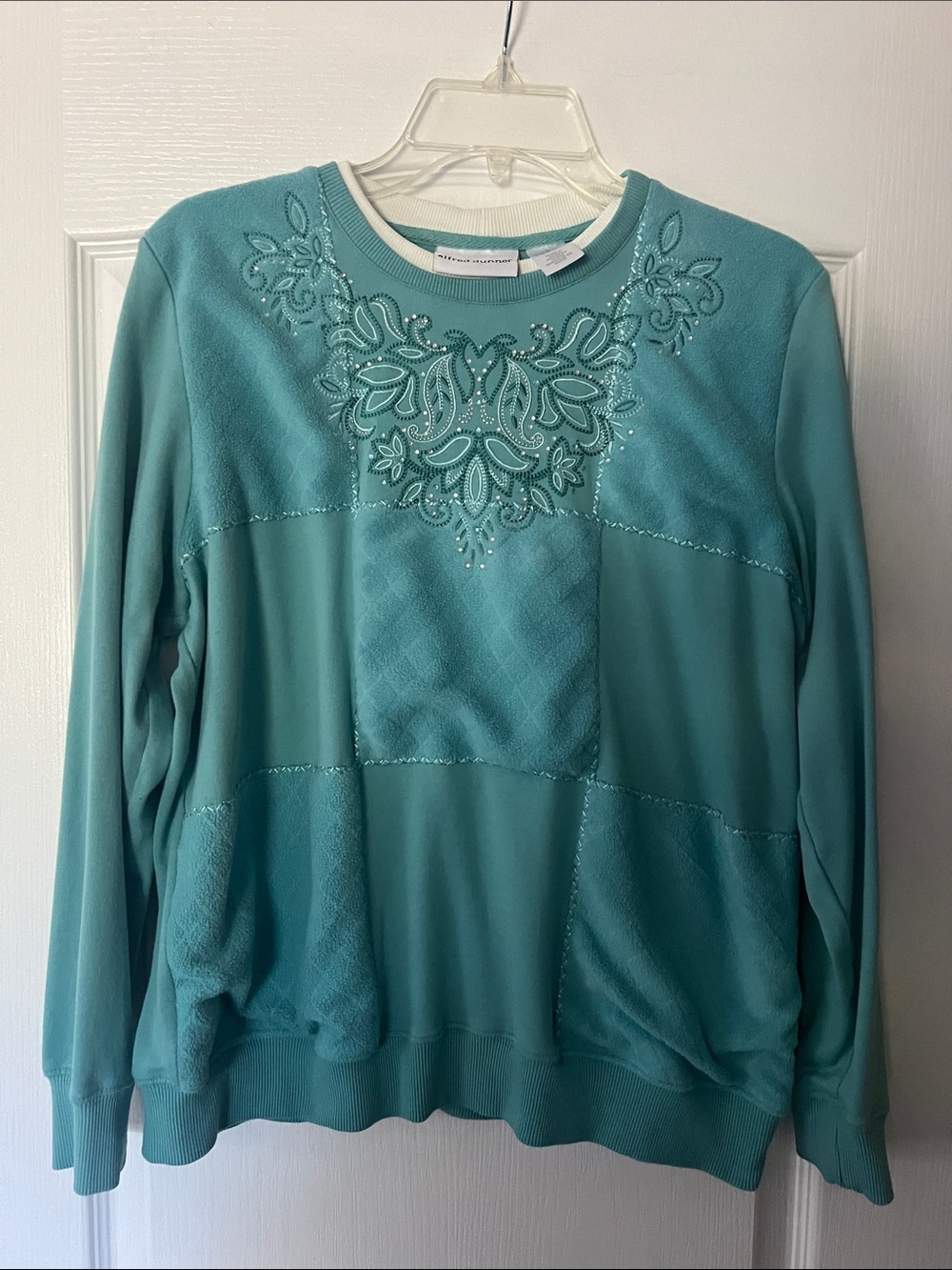 Alfred Dunner Teal Embroidered Patchwork Pullover